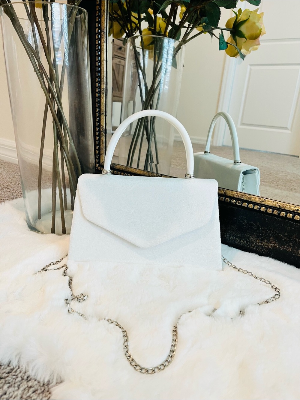 Dasein Elegant White Mini Top-Handle Bag with Detachable Chain